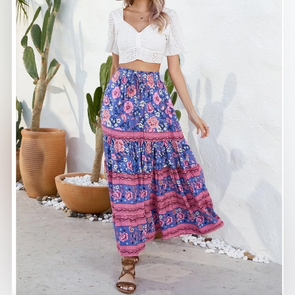 Boho Floral Print Drawstring Waist Skirt - Picture 2 of 10